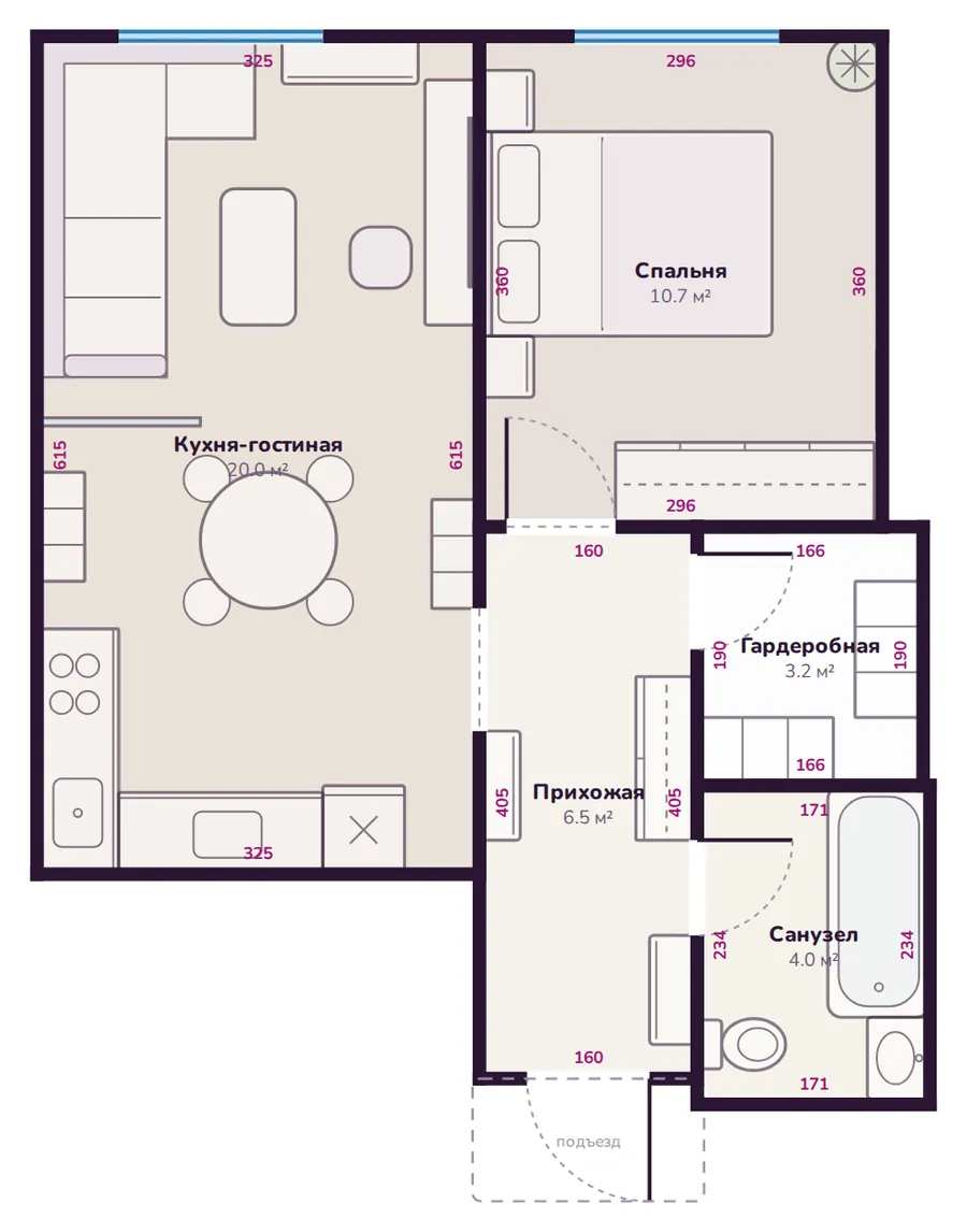 План по размерам: кухня-гостиная 20 м², спальня 10,7 м², прихожая, гардеробная, санузел