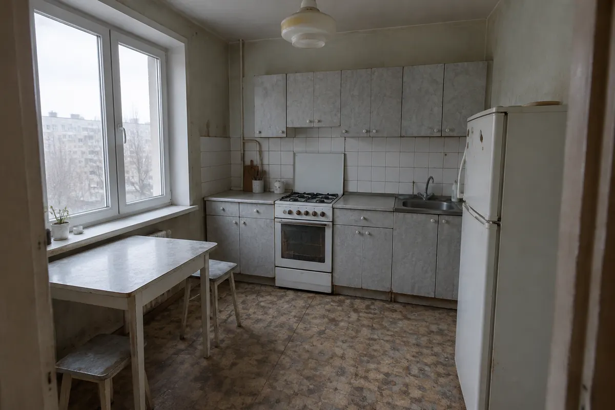 Кухня до ремонта: старые серые шкафы, плитка 10×10, линолеум